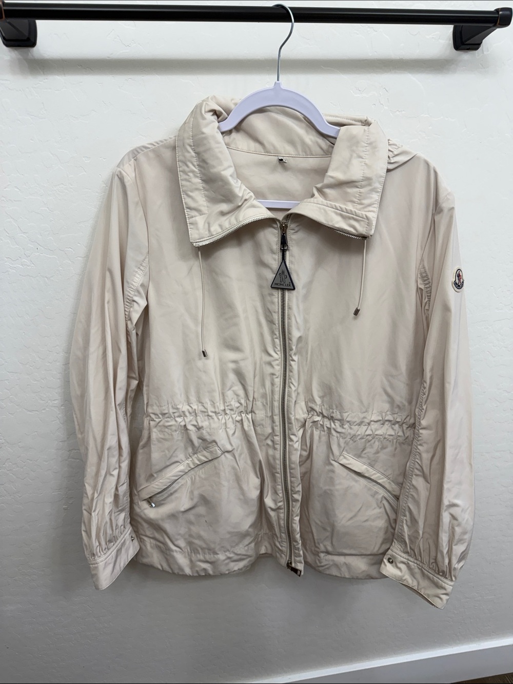 Moncler Light Cream Utility Jacket with Drawstring Waist